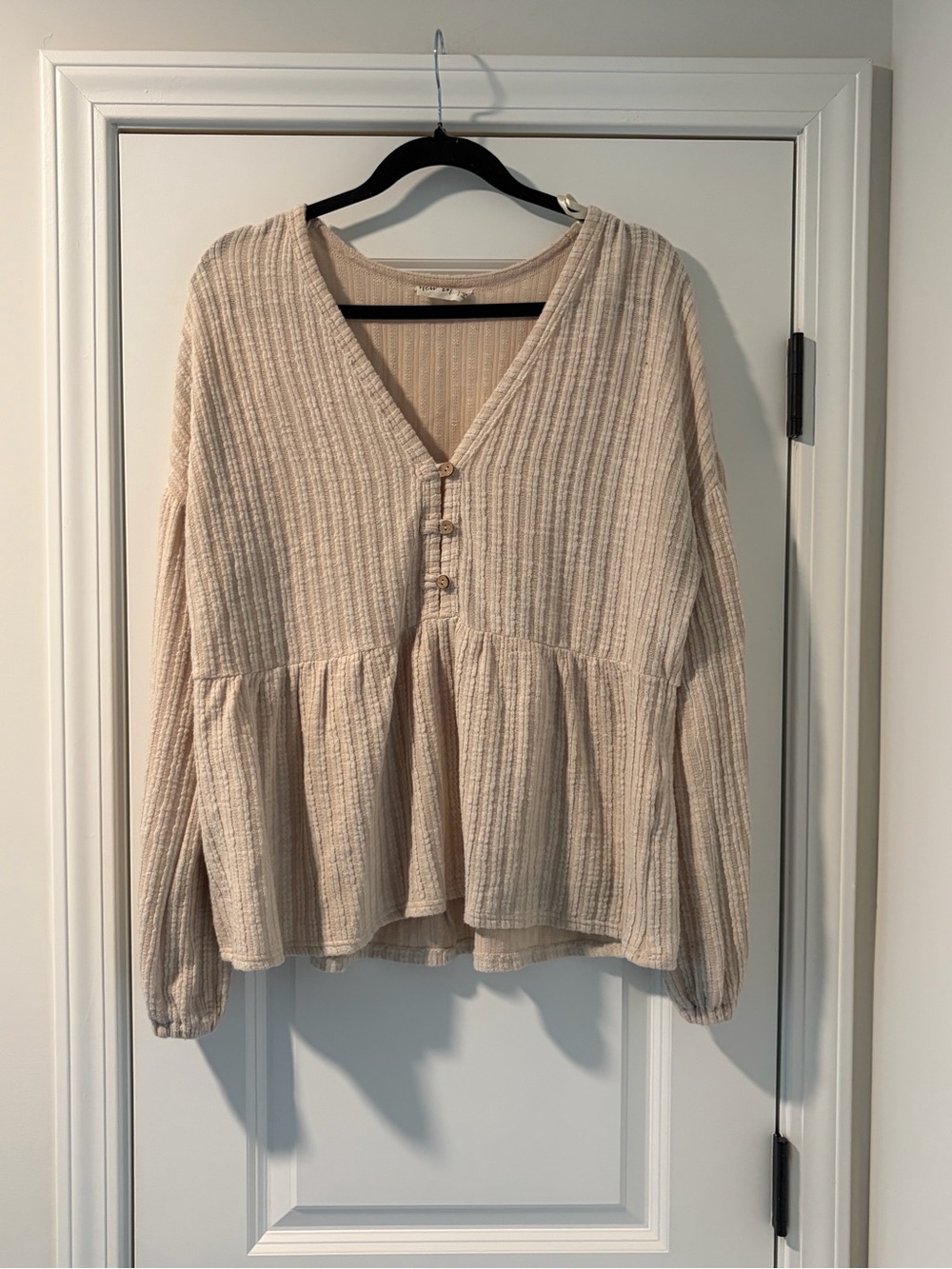 New In Cream Ribbed Button-Front Peplum Tunic Top